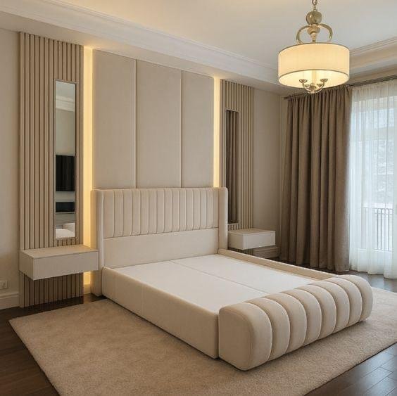 Cream upholstered bedroom with panelled headboard and drum chandelier