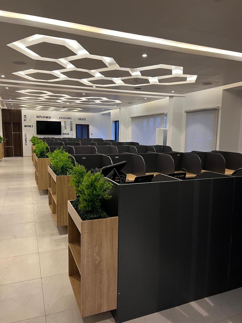 Open-plan workspace with hexagon light ceiling and planted dividers